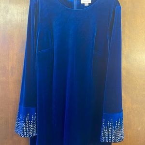 Calvin Klein Gorgeous deep blue velvet dress with rhinestone sleeve adornment